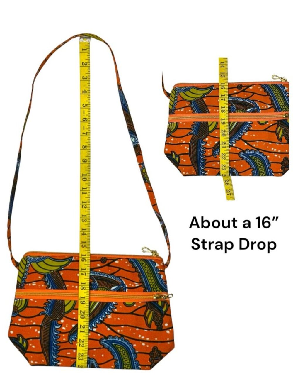 African Print Shoulder Bag Handmade 100% Cotton Orange Multi Aya Fair Trade - Picture 4 of 16